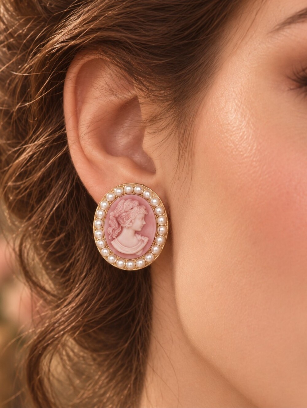 MODCLOTH PEARL & PINK CAMEO STUD EARRINGS